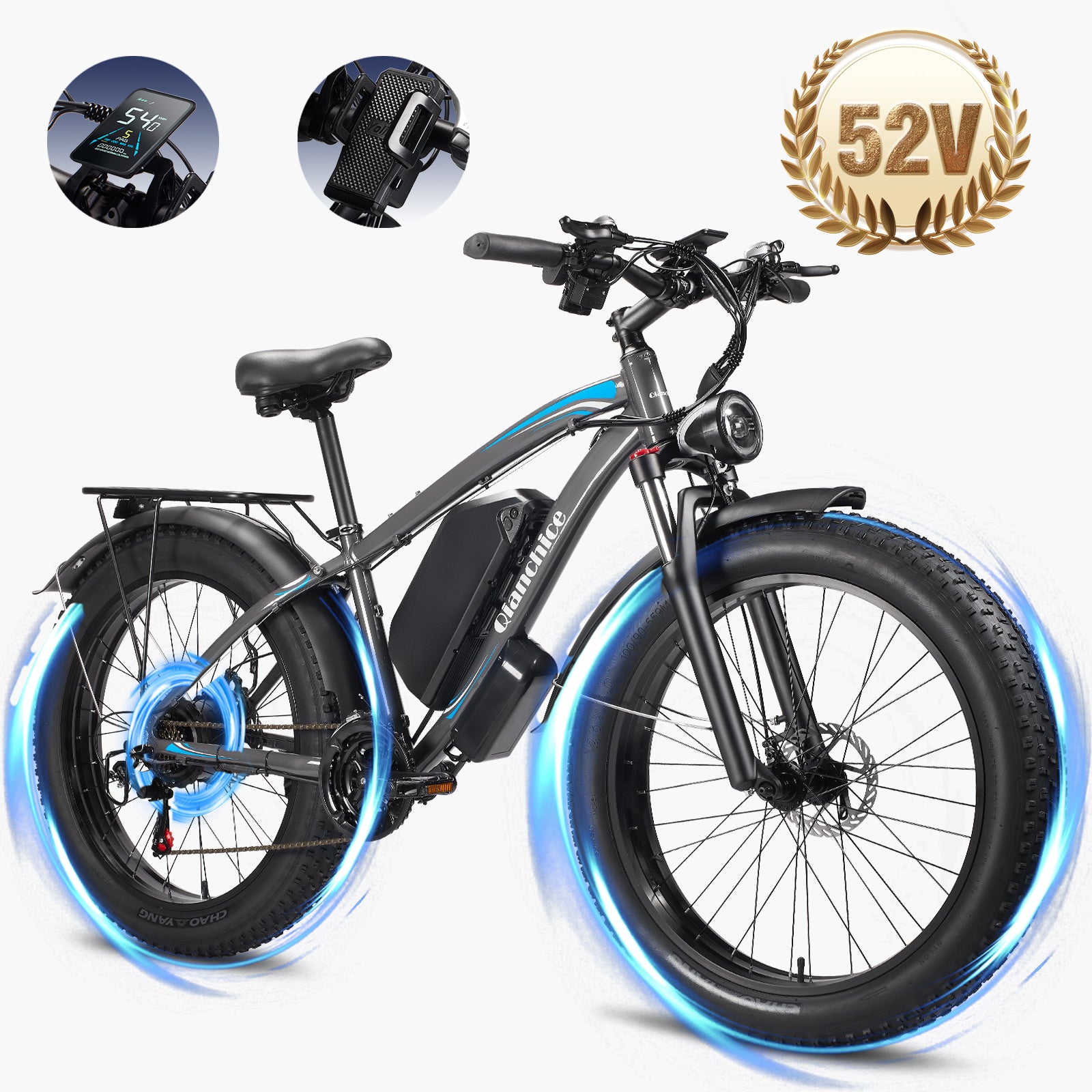 Q9 Qianchice Ebike 34MPH Bicycles 19.2AH 998.4WH Battery 87Miles 26''X4'' Electric Bike