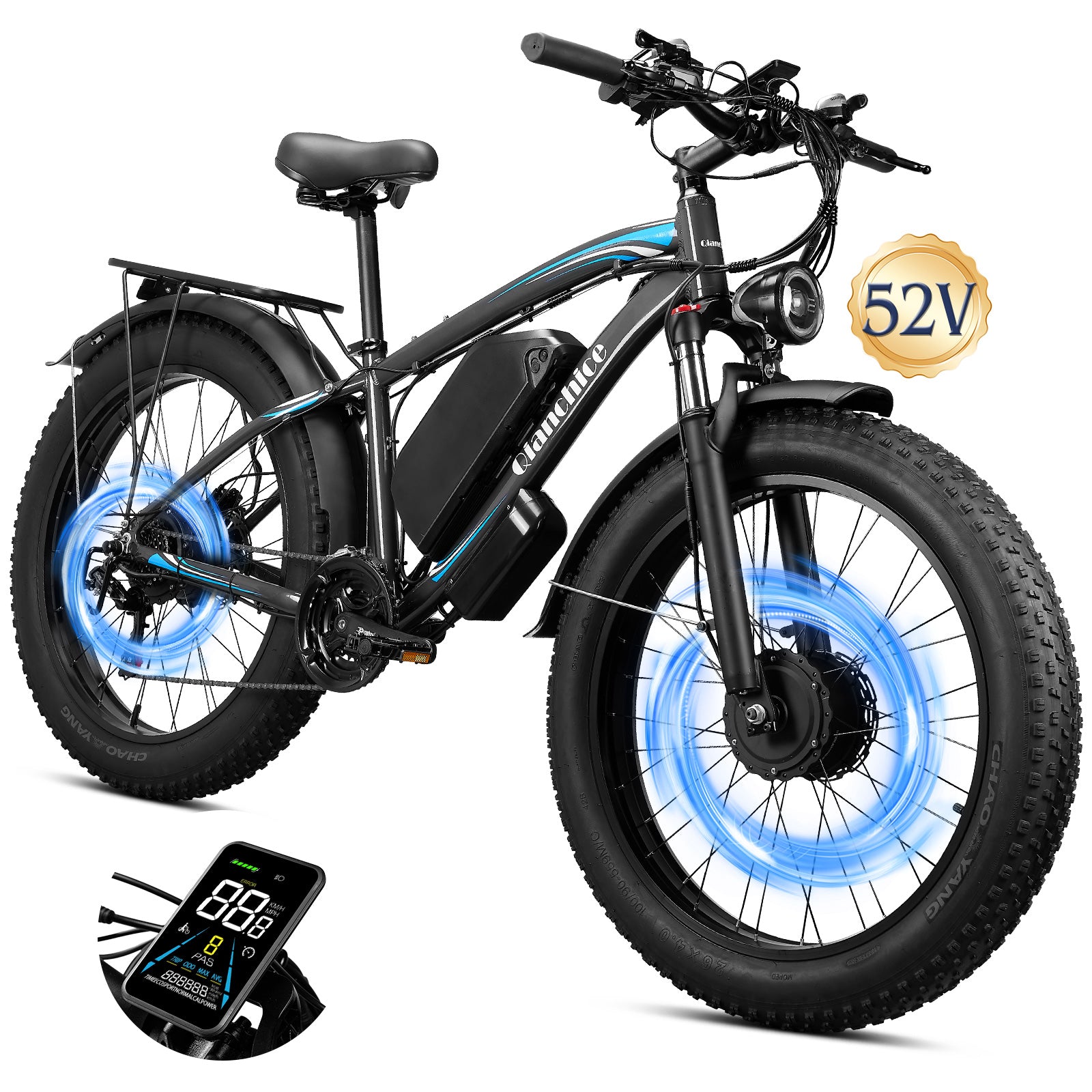 Q9PRO Adults Electric 2000W Peak Dual Motor 52V Ebike 26 inch Fat Tire All Terrain Moped Style E Bike