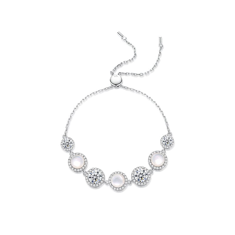 "Crystal Blanc" Sterling Silver Halo Setting Round Mother Of Pearl and White CZ Station Chain Bracelet, Adjustable Size