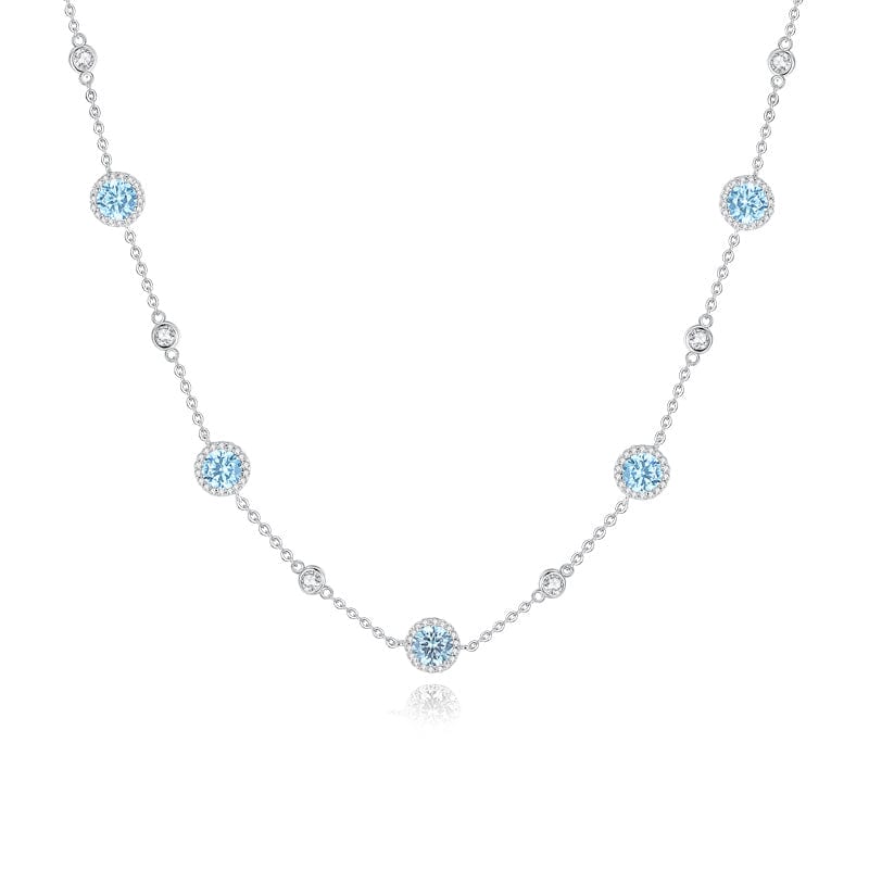 Heavenly Blue Sterling Silver Halo Setting Round CZ Station Necklace, 24 Inches