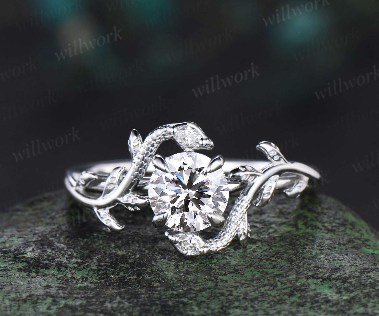 Vintage round cut lab grown diamond Engagement Ring 14k White Gold leaf Double Snake diamond ring women nature inspired promise ring her