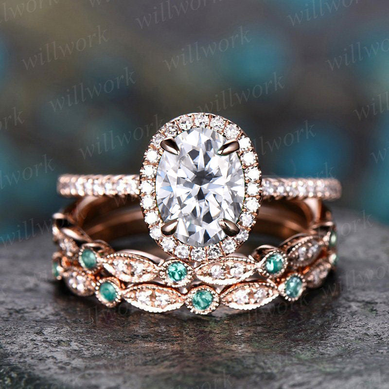 Vintage Oval Cut Lab Grown Diamond Engagement Ring Set Halo Ring Half Eternity Bridal Wedding Set